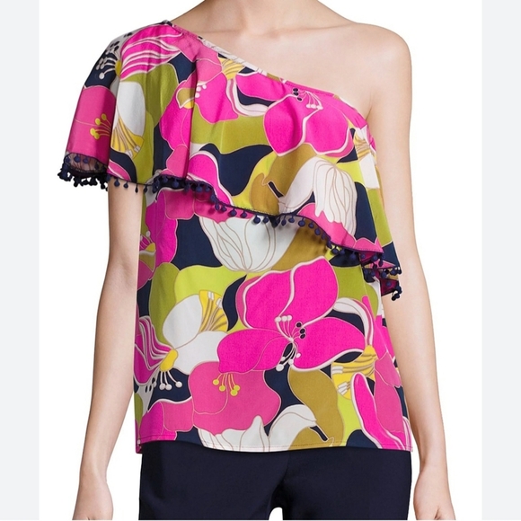 Trina Turk Kahe One Shoulder Floral Silk Top With Ruffle Overlay *Pink Spots* M - Picture 2 of 14